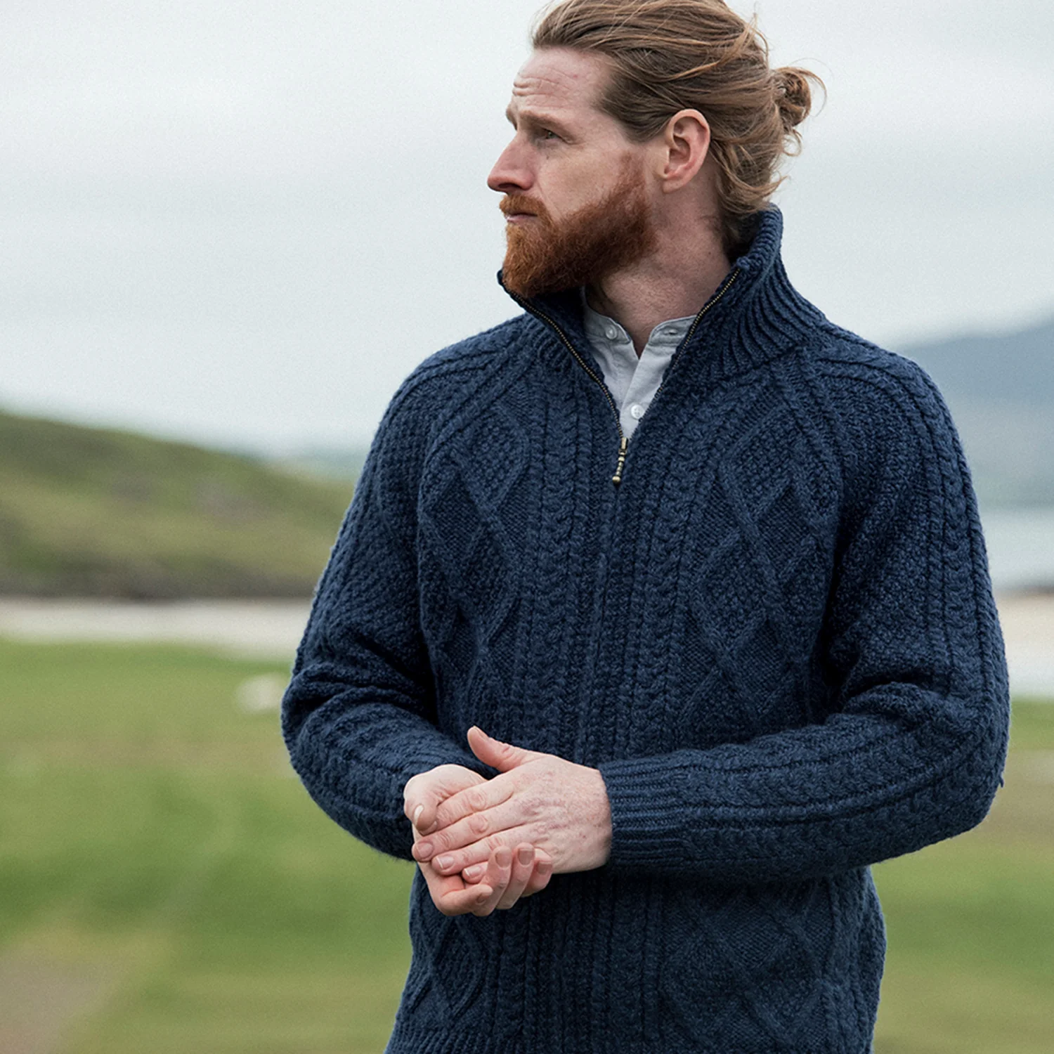Navy Unisex Hand Knit Aran Zip Cardigan - Image 3