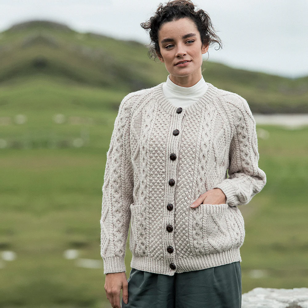 Oatmeal Unisex Hand Knit Button Aran Cardigan - Image 3
