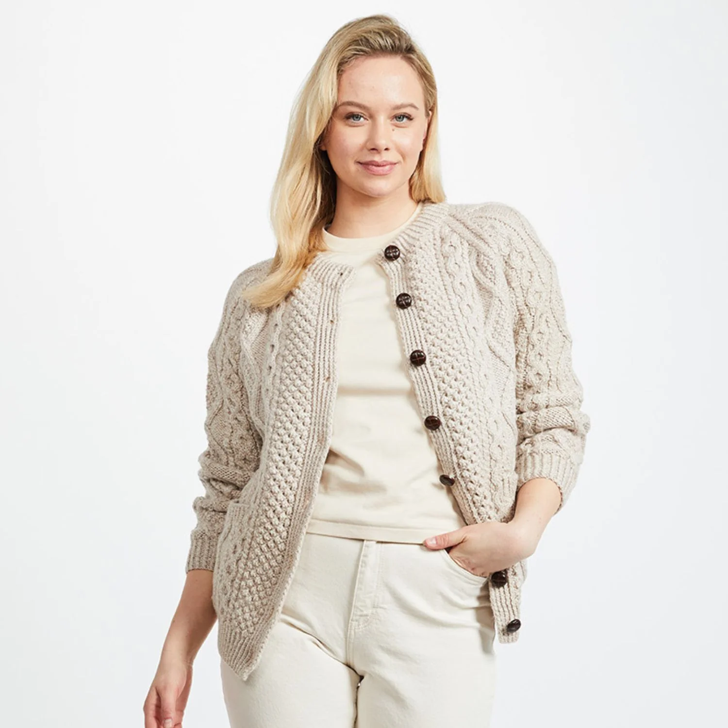 Oatmeal Unisex Hand Knit Button Aran Cardigan - Image 4