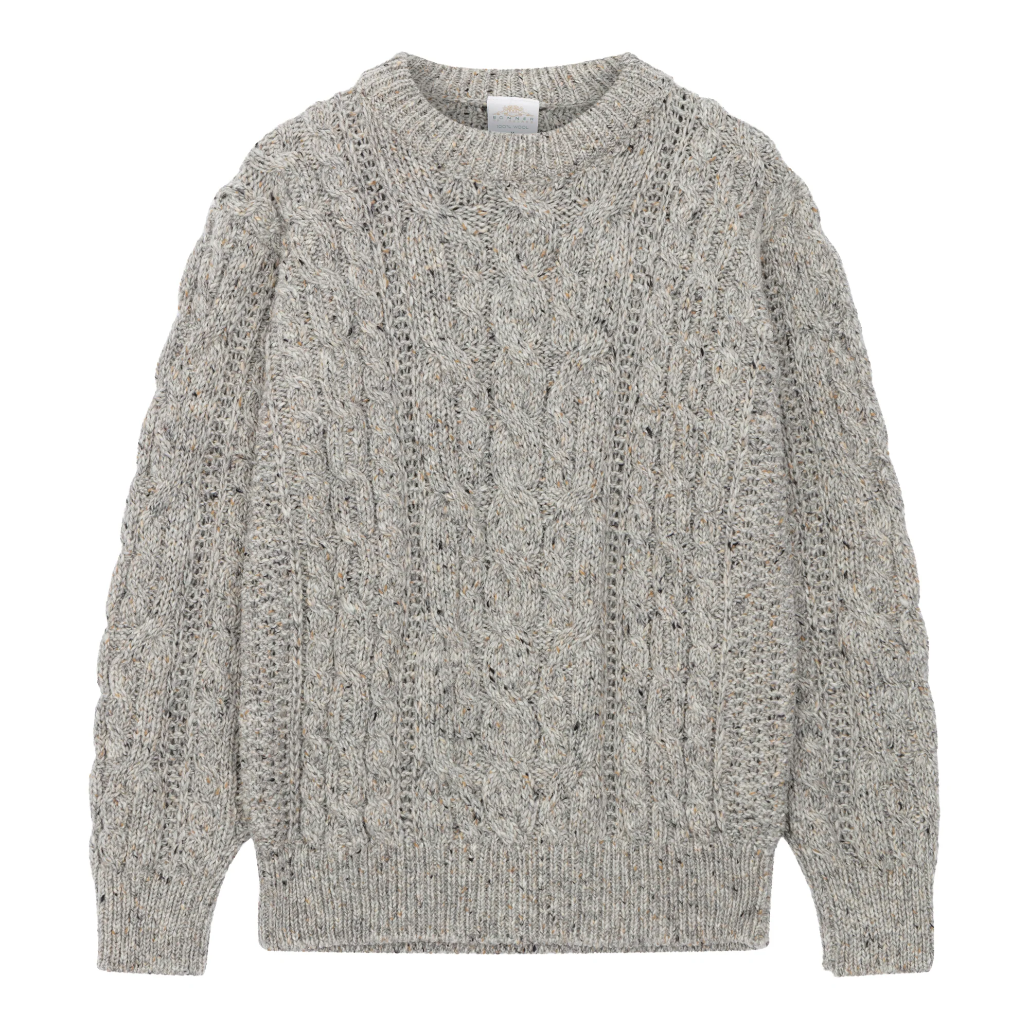 Light Grey Fleck Unisex Cable Crew Neck Aran Sweater