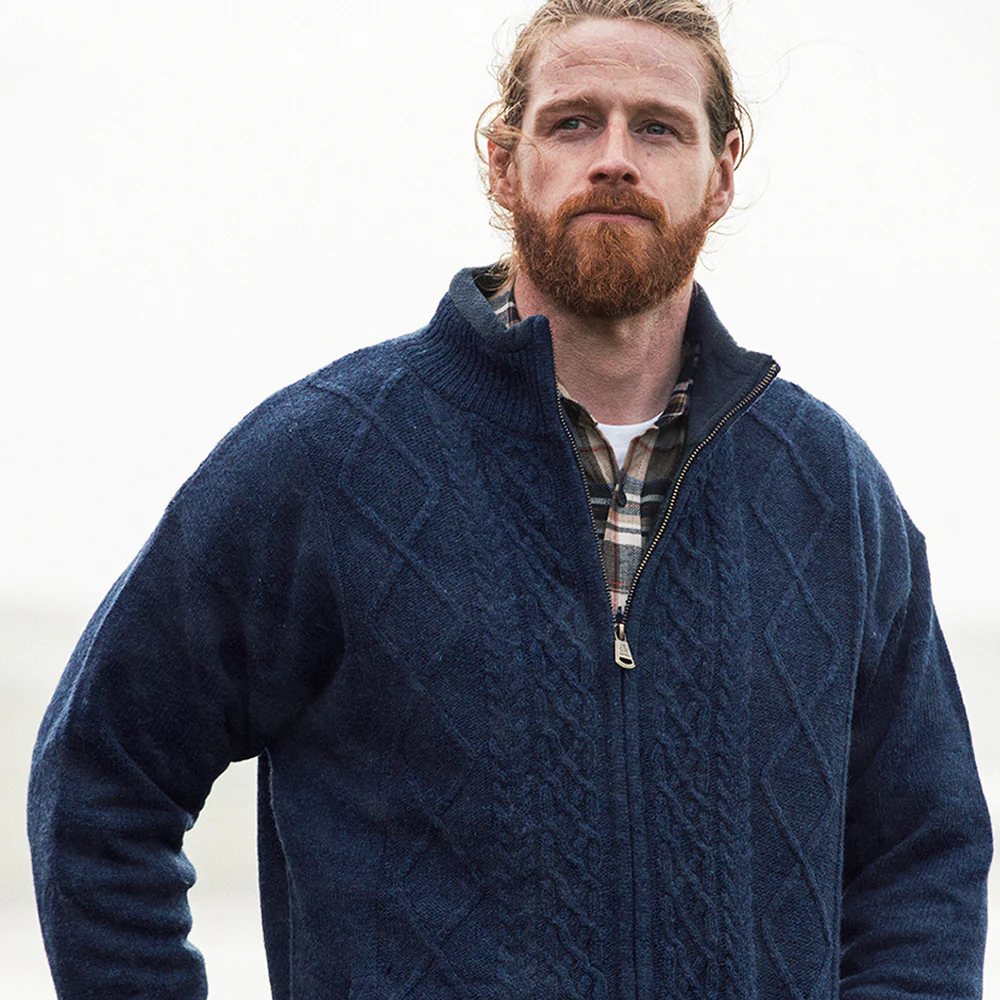 Lined Full Zip Neck Sweater, Navy - Image 5