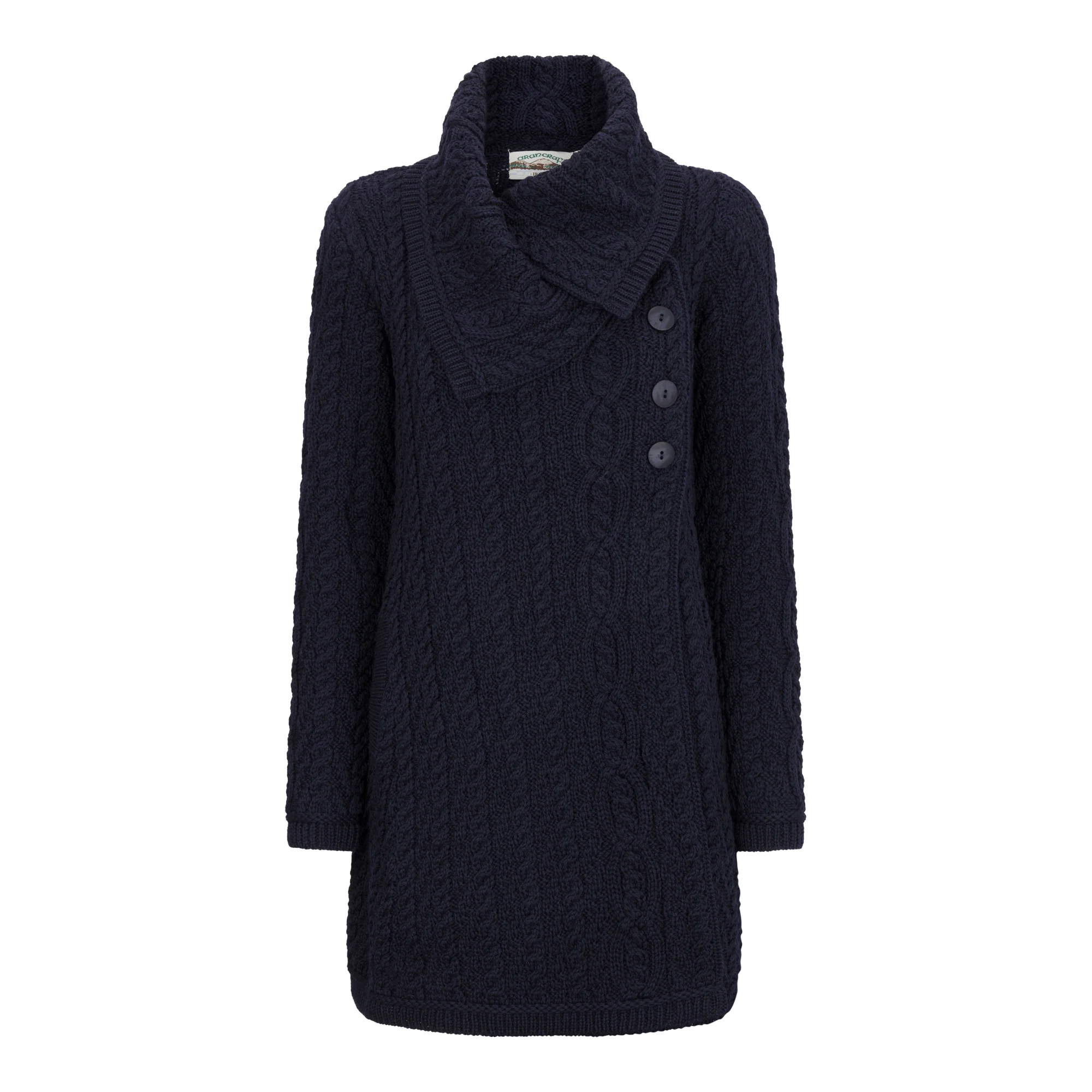 Navy Long Aran Cardigan with Oversized Collar