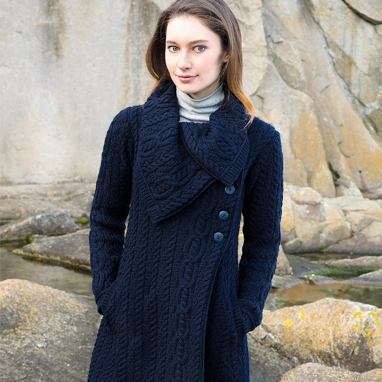 Navy Long Aran Cardigan with Oversized Collar - Image 2