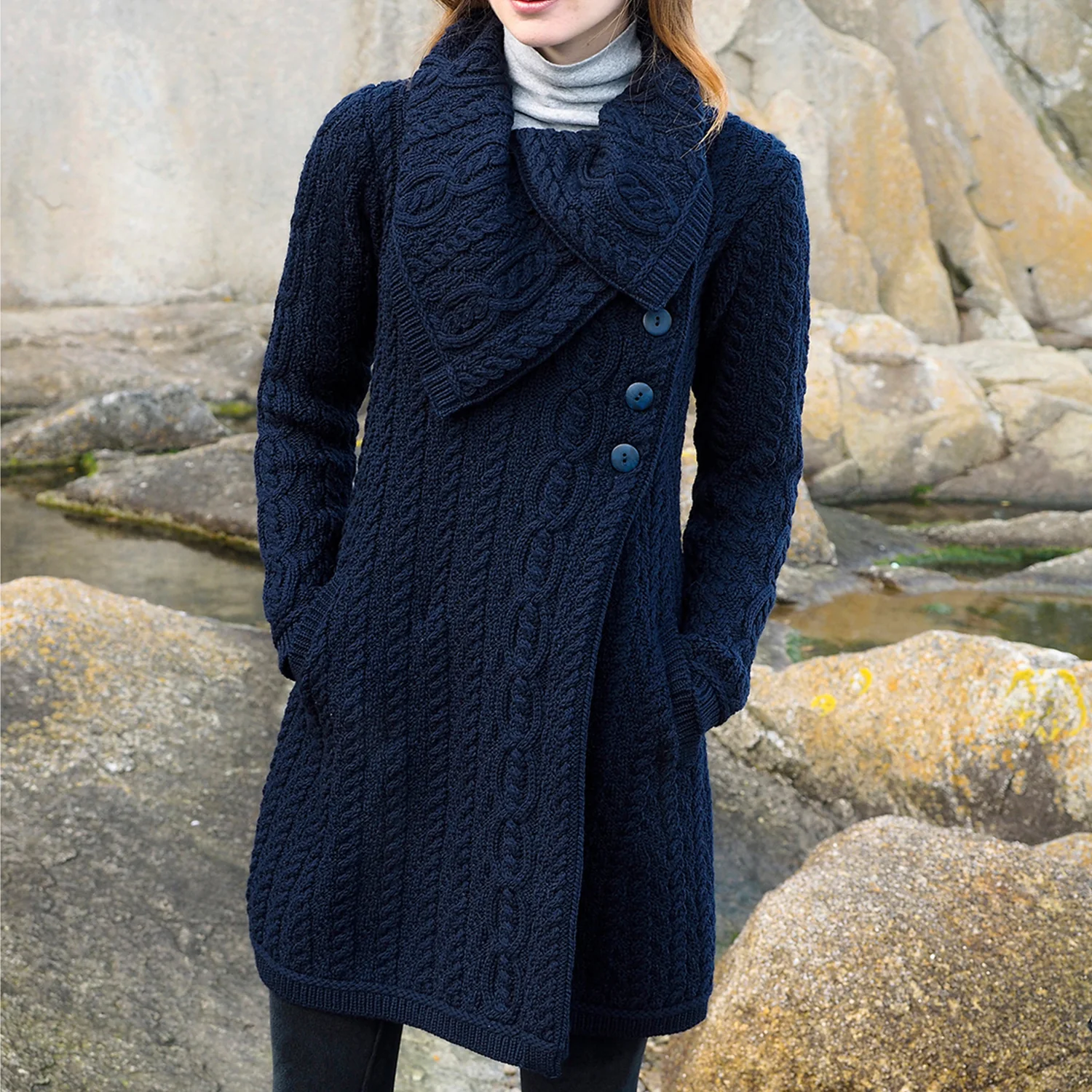 Navy Long Aran Cardigan with Oversized Collar - Image 4