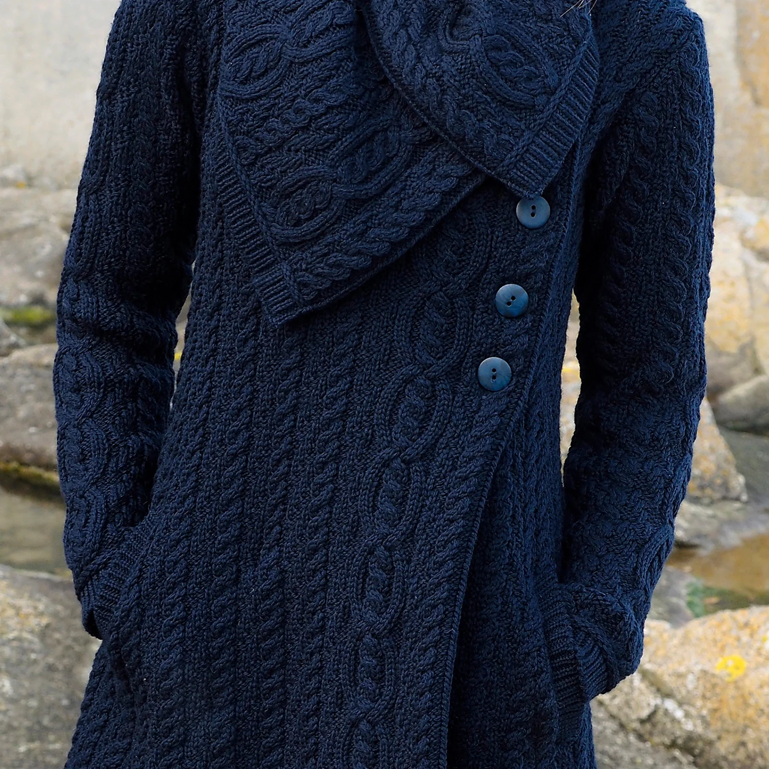 Navy Long Aran Cardigan with Oversized Collar - Image 5