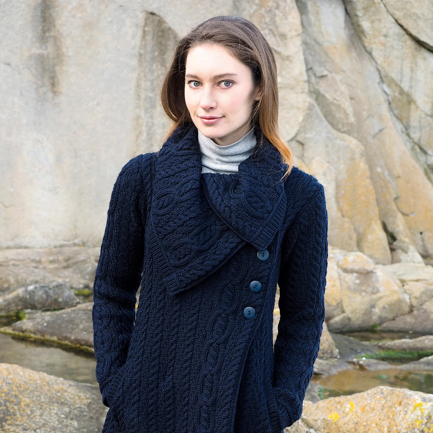 Navy Long Aran Cardigan with Oversized Collar - Image 6