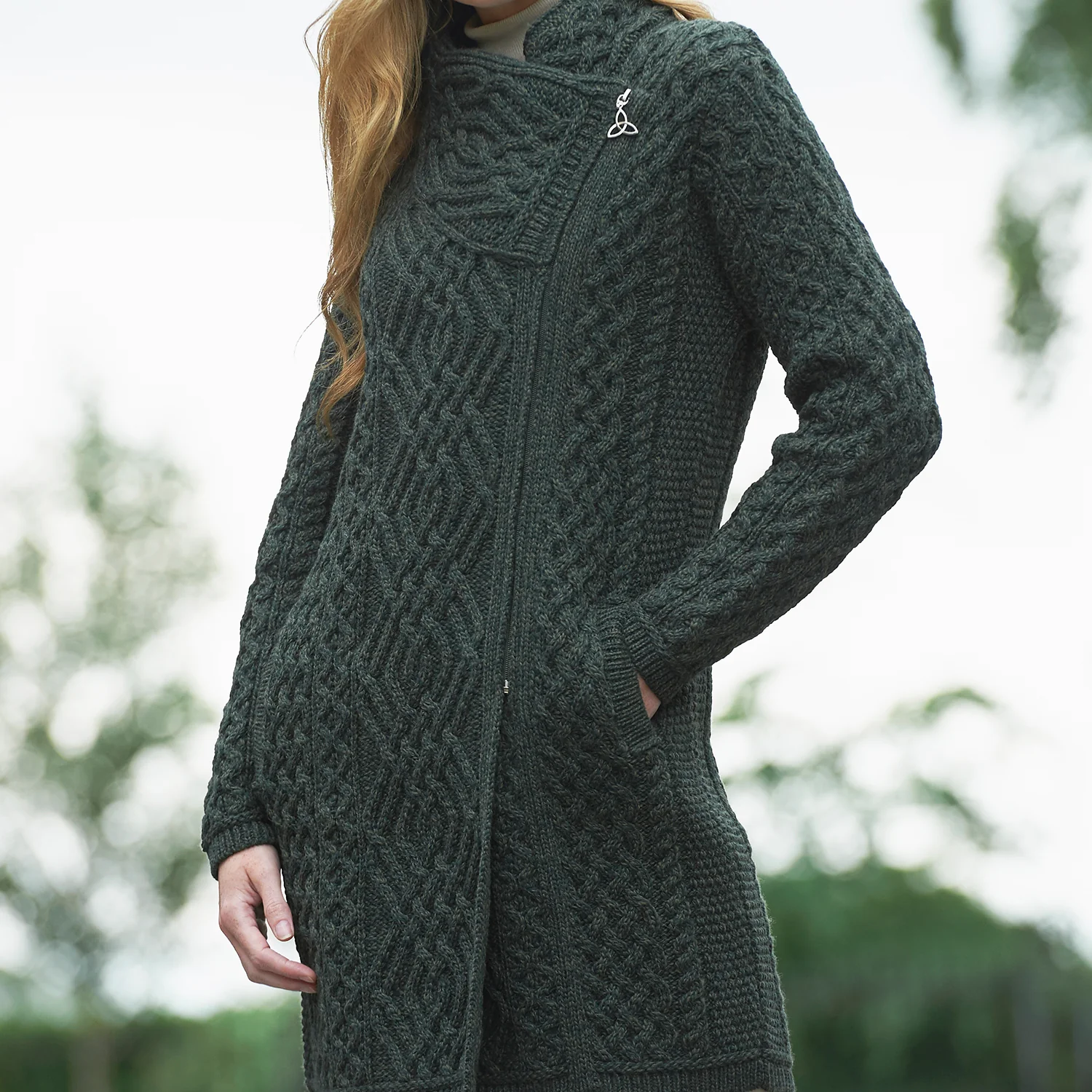 Army Green Long Aran Biker Cardigan - Image 2