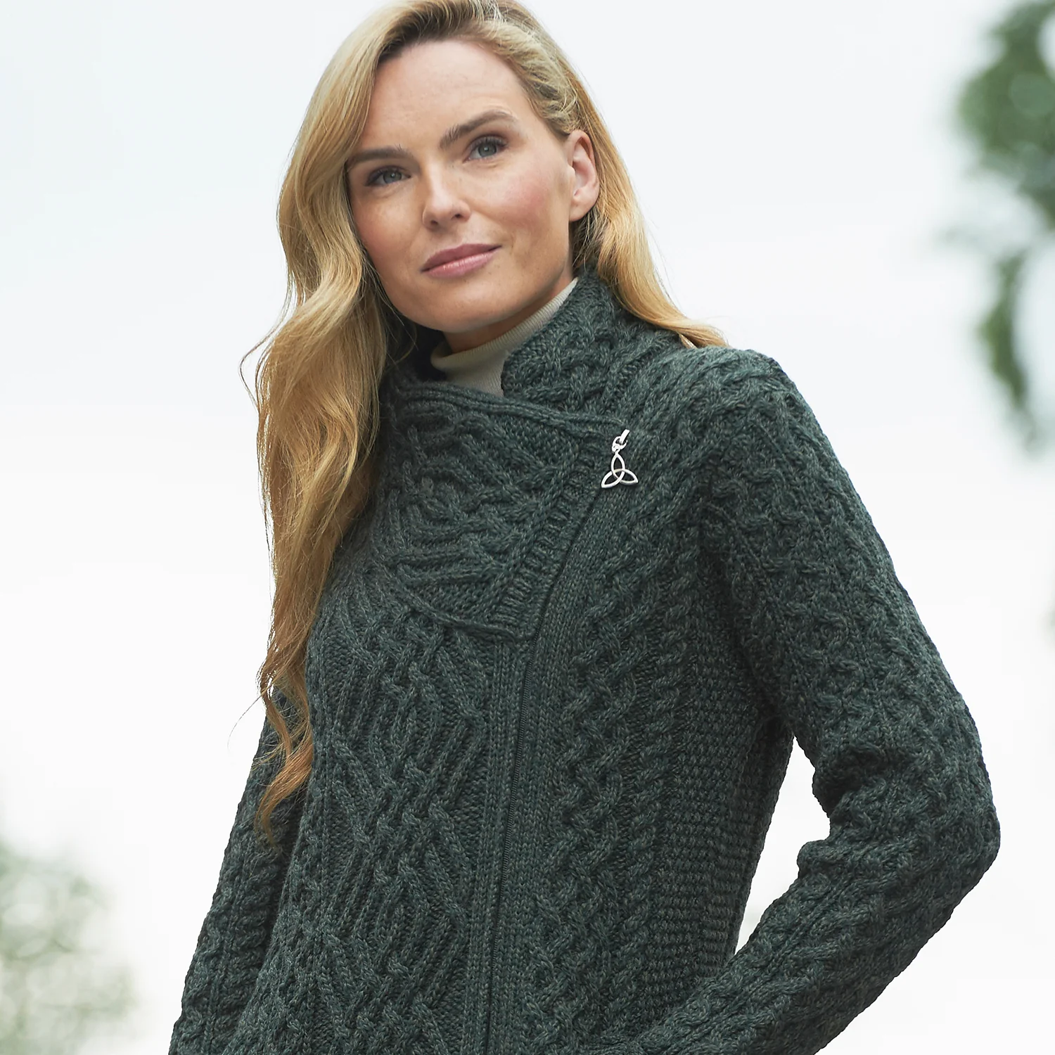 Army Green Long Aran Biker Cardigan - Image 3