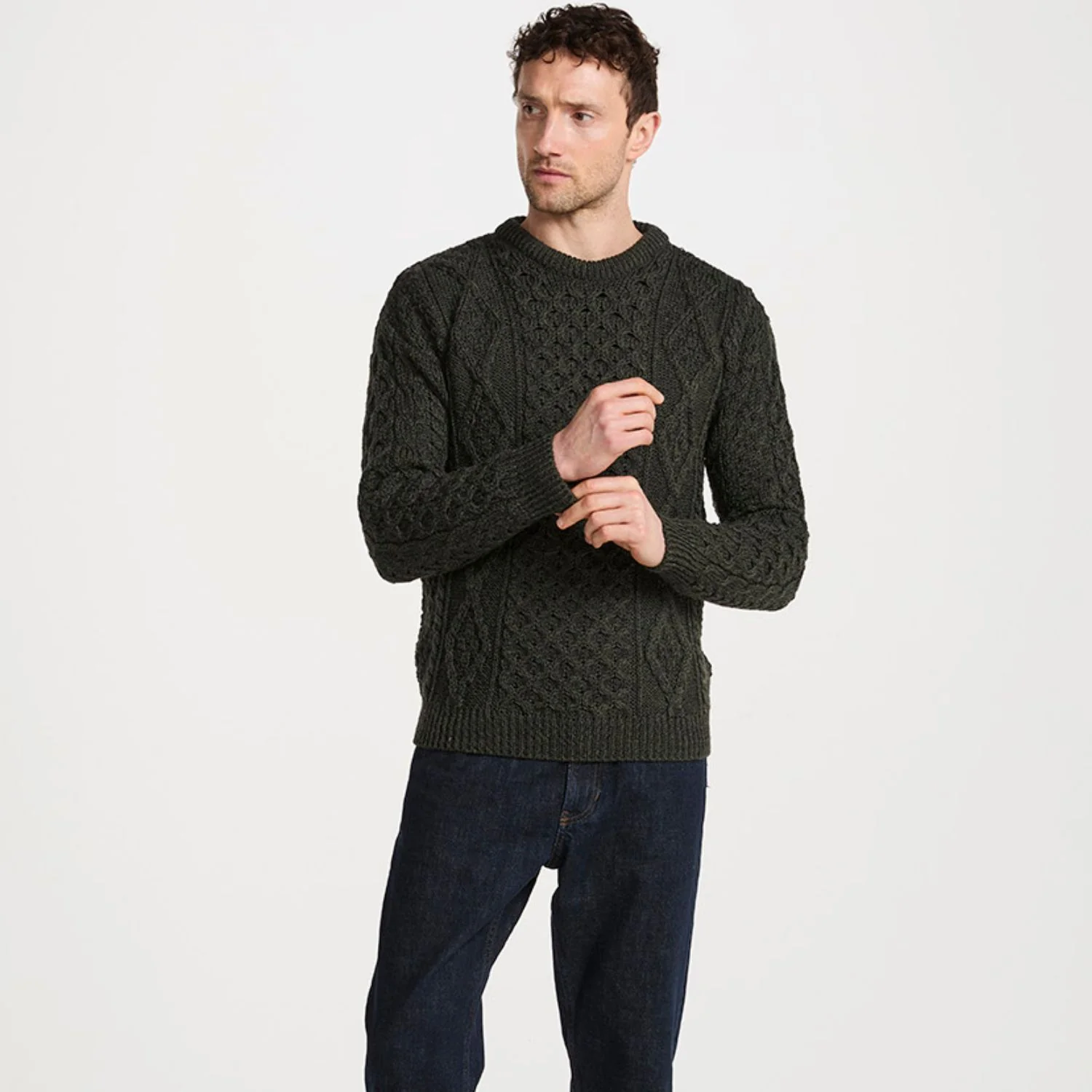 Moss Green Unisex Classic Crew Neck Aran Sweater - Image 3