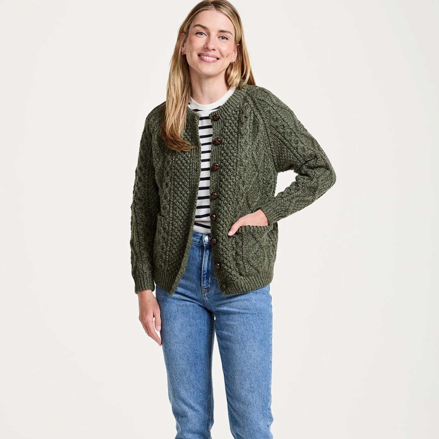 Moss Green Unisex Hand Knit Button Aran Cardigan - Image 7