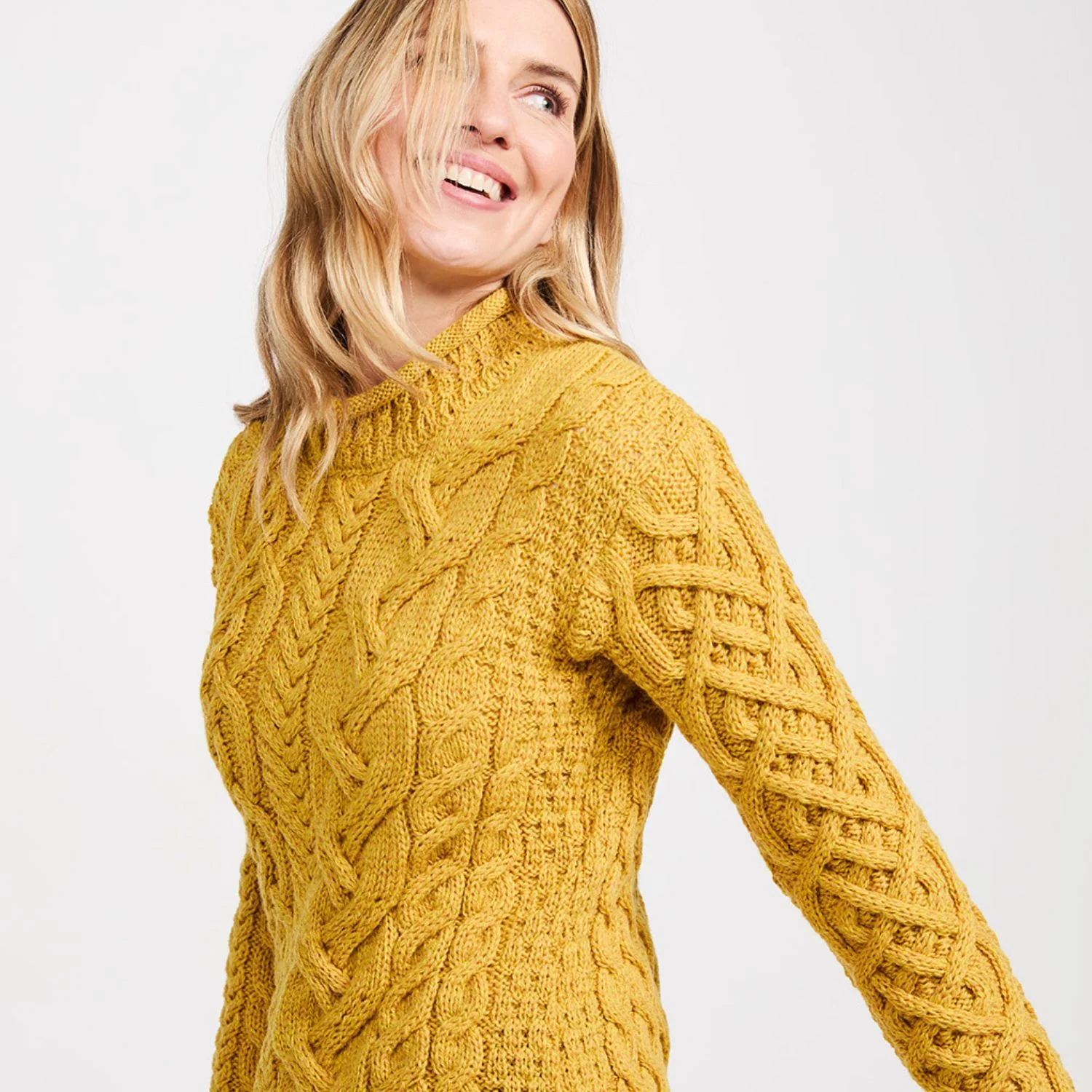 Mustard Cable Knit Roll Neck Sweater
