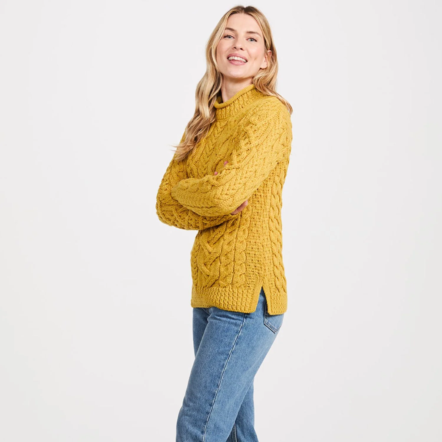 Mustard Cable Knit Roll Neck Sweater - Image 3