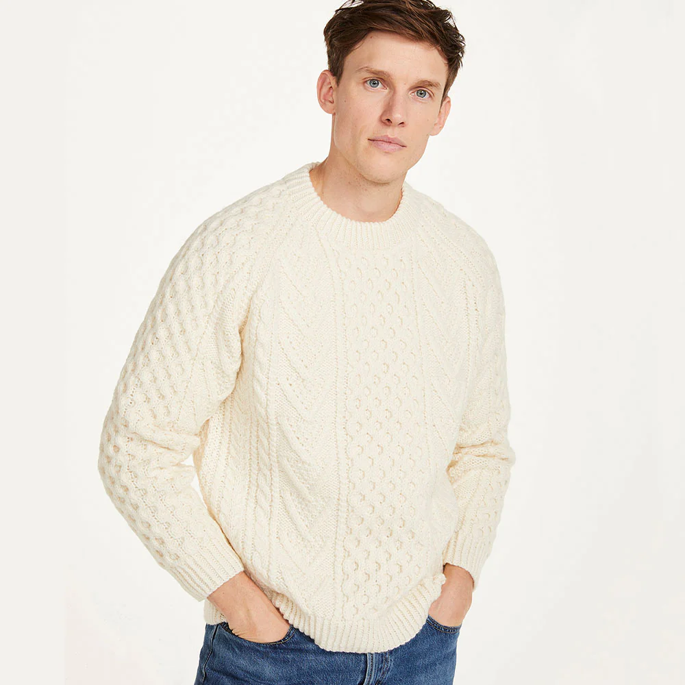 Natural Unisex Hand Knit Crew Neck Aran Sweater - Image 3