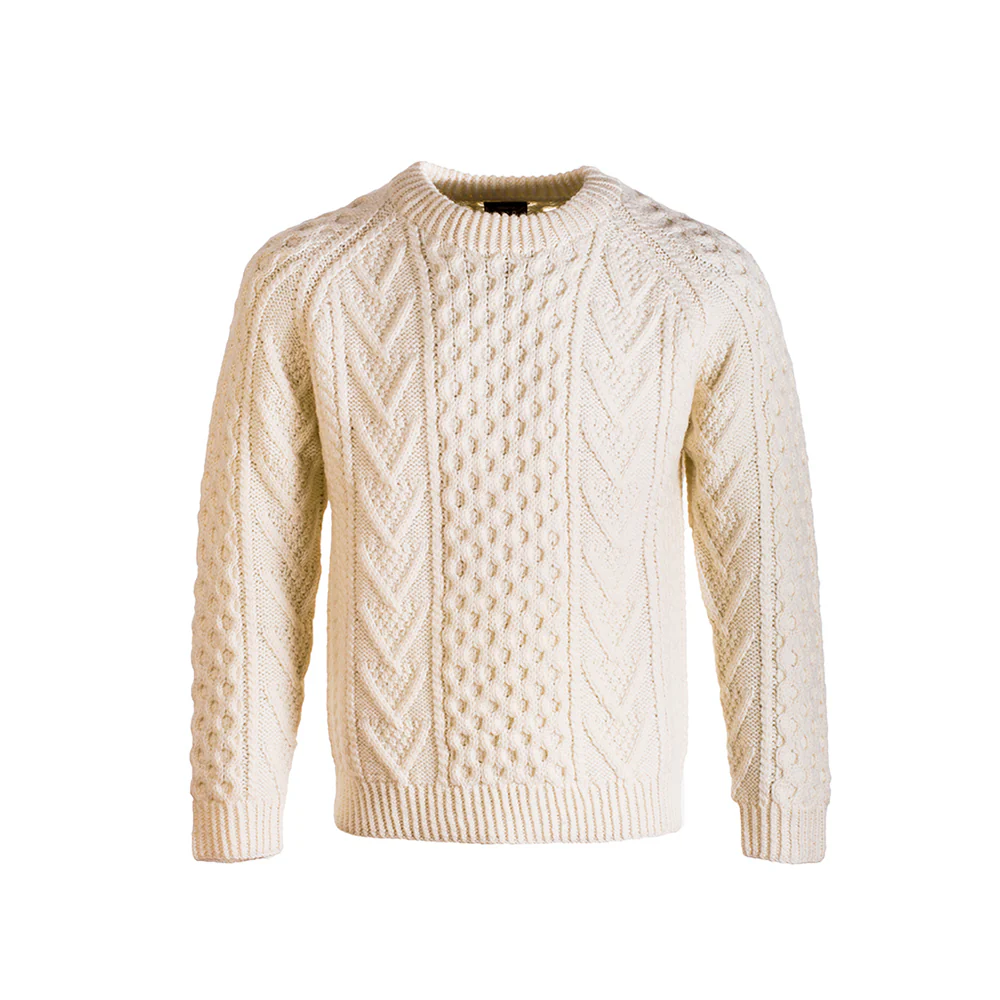 Natural Unisex Hand Knit Crew Neck Aran Sweater - Image 4