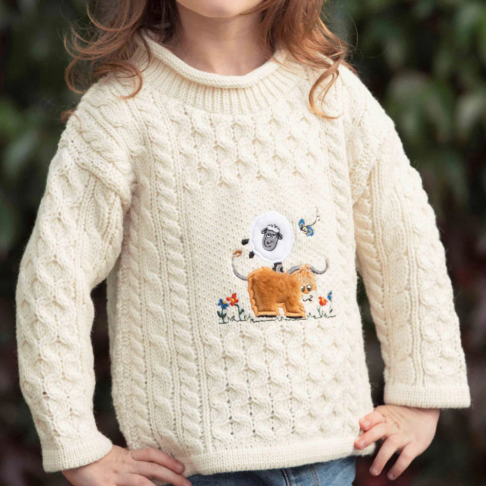 Natural Kids Unisex Crew Neck Embroidered Aran Sweater - Image 2