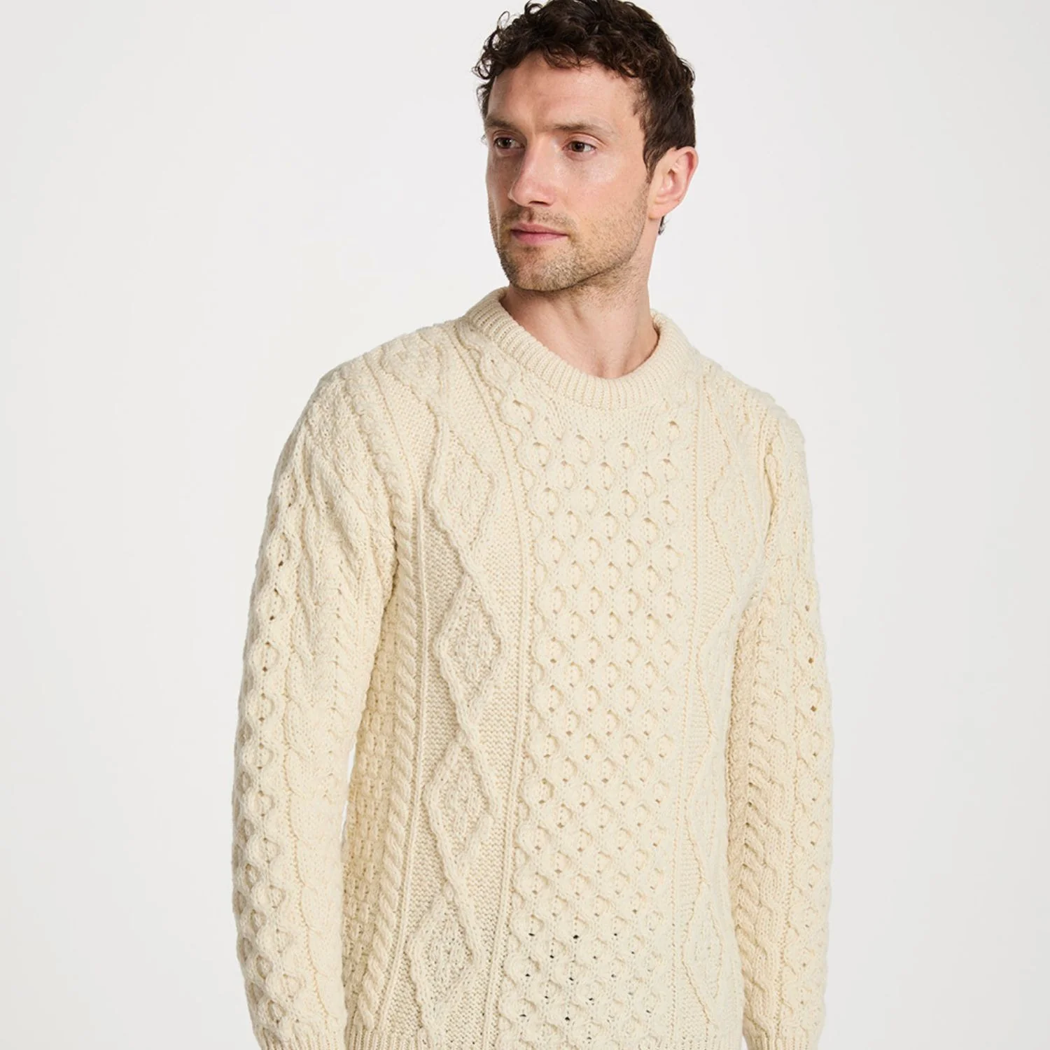 Natural Unisex Classic Crew Neck Aran Sweater
