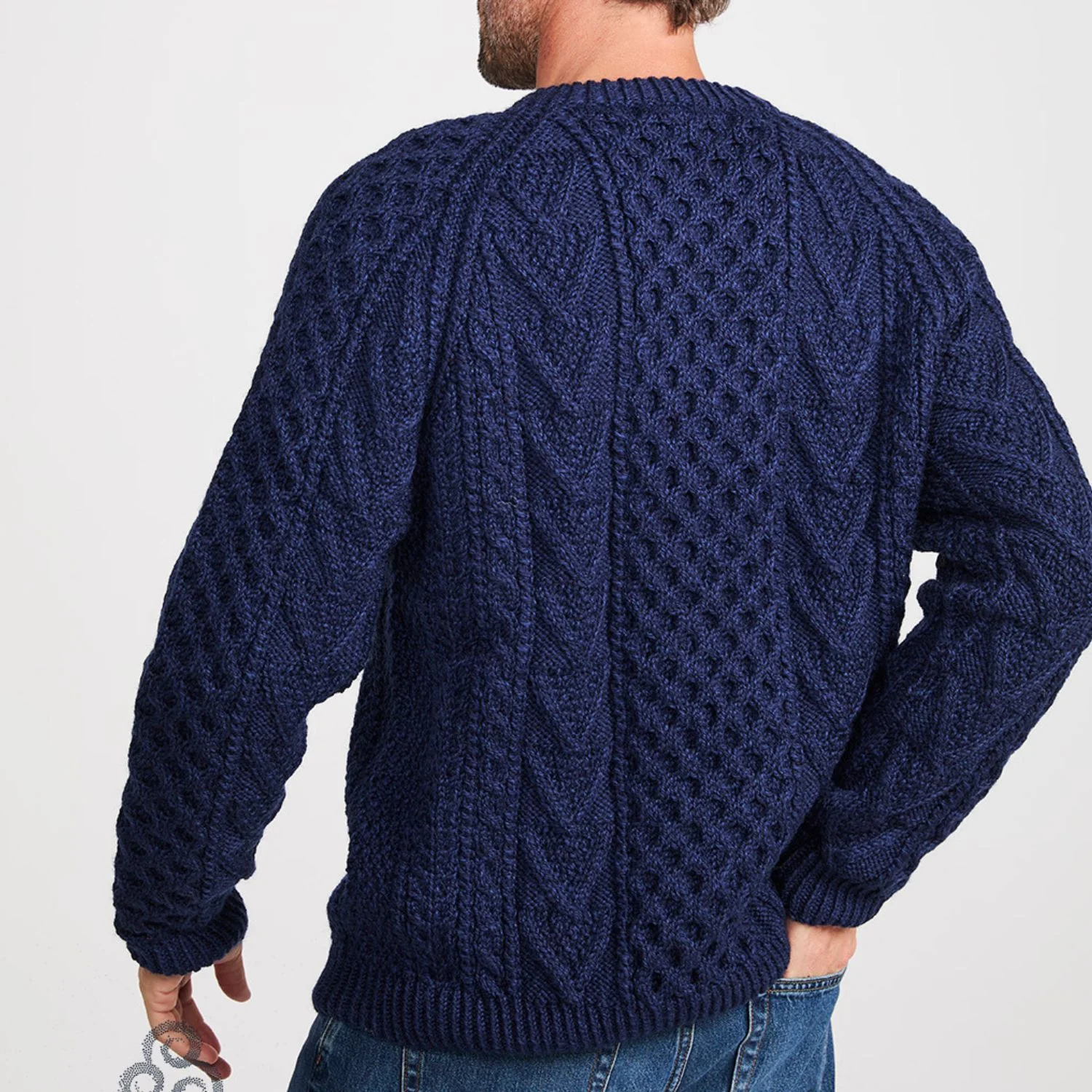 Navy Hand Knit Unisex Crew Neck Aran Sweater - Image 3