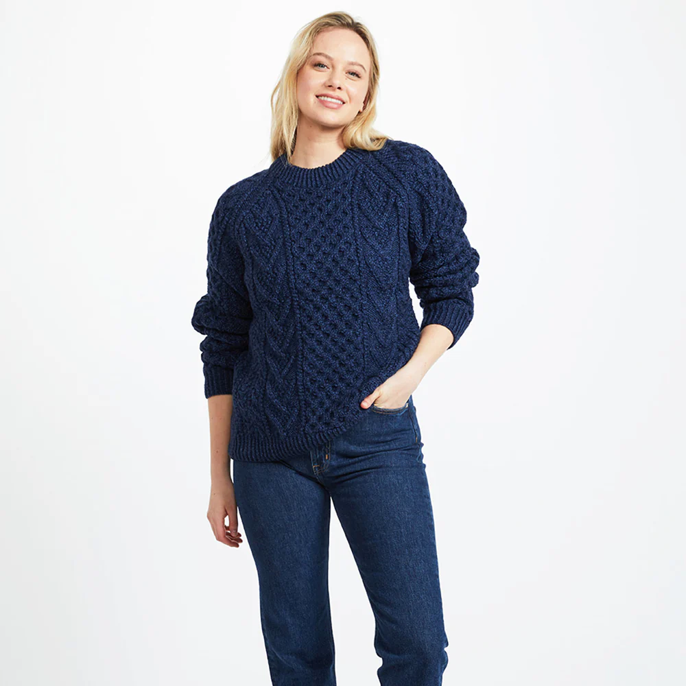 Navy Hand Knit Unisex Crew Neck Aran Sweater - Image 4