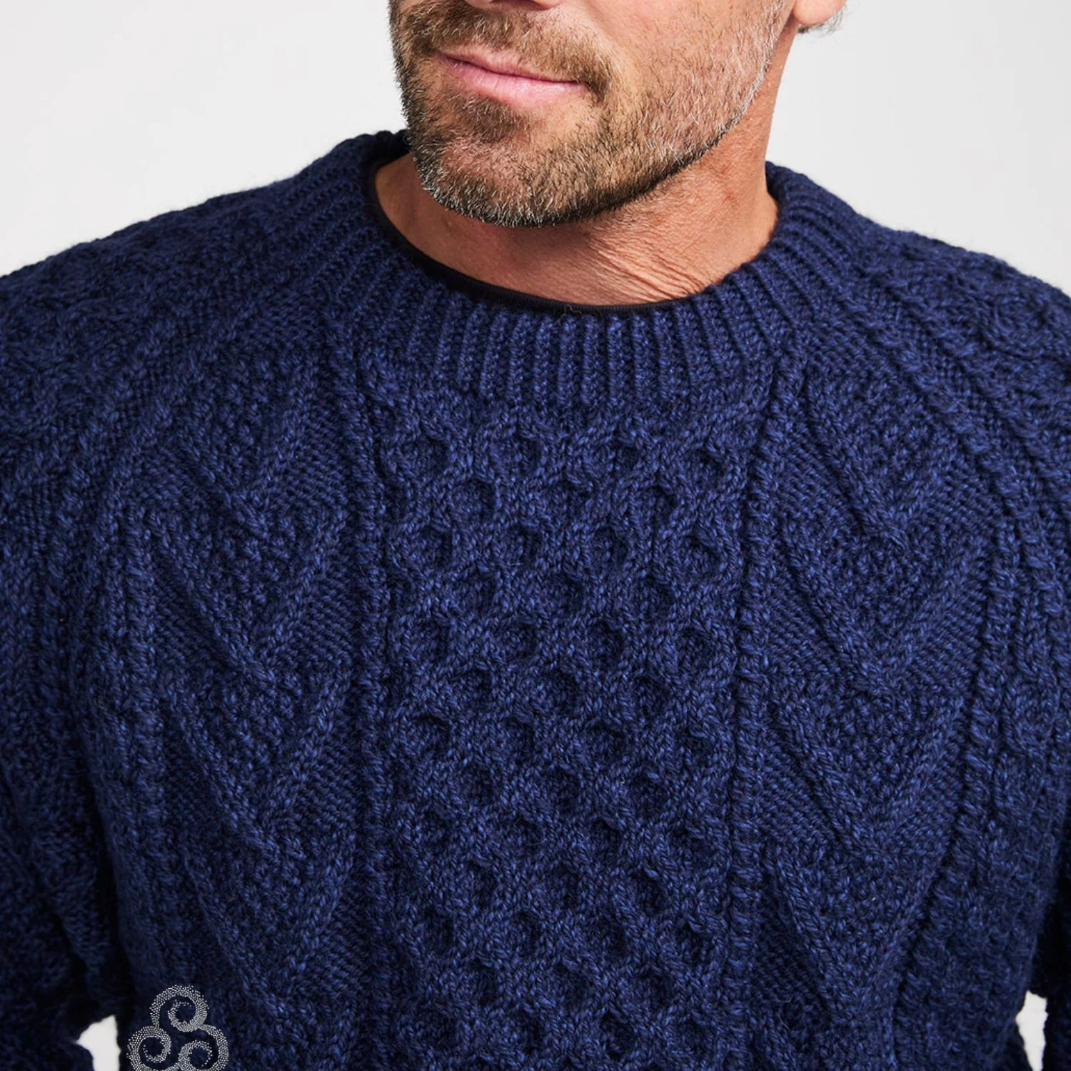 Navy Hand Knit Unisex Crew Neck Aran Sweater - Image 5