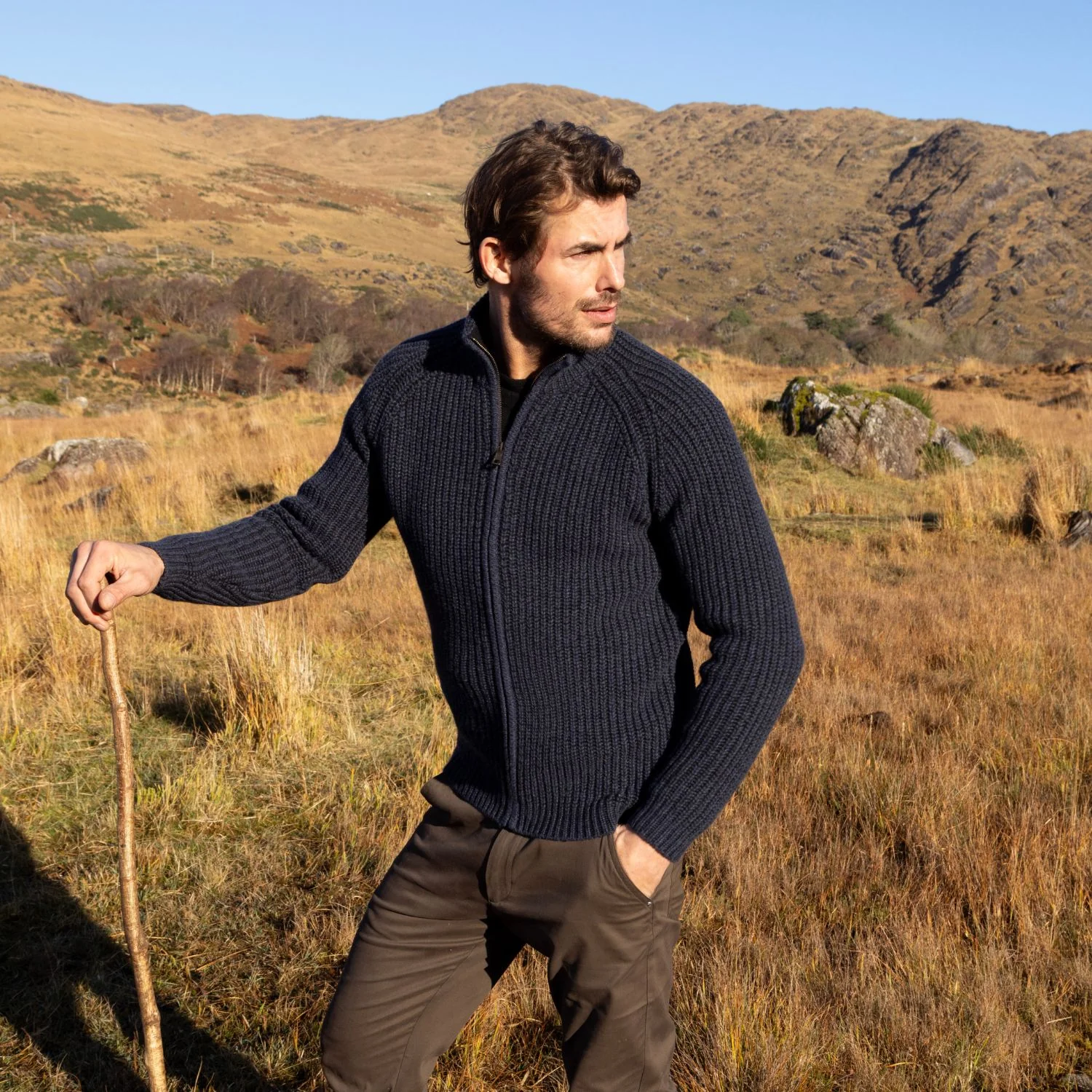 Dark Indigo & Black Ribbed Knit Full Zip Sweater