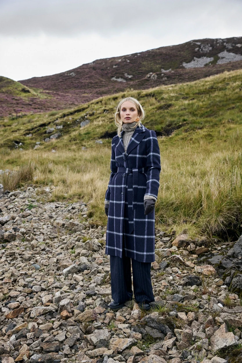 Navy Windowpane Erin Belted Coat