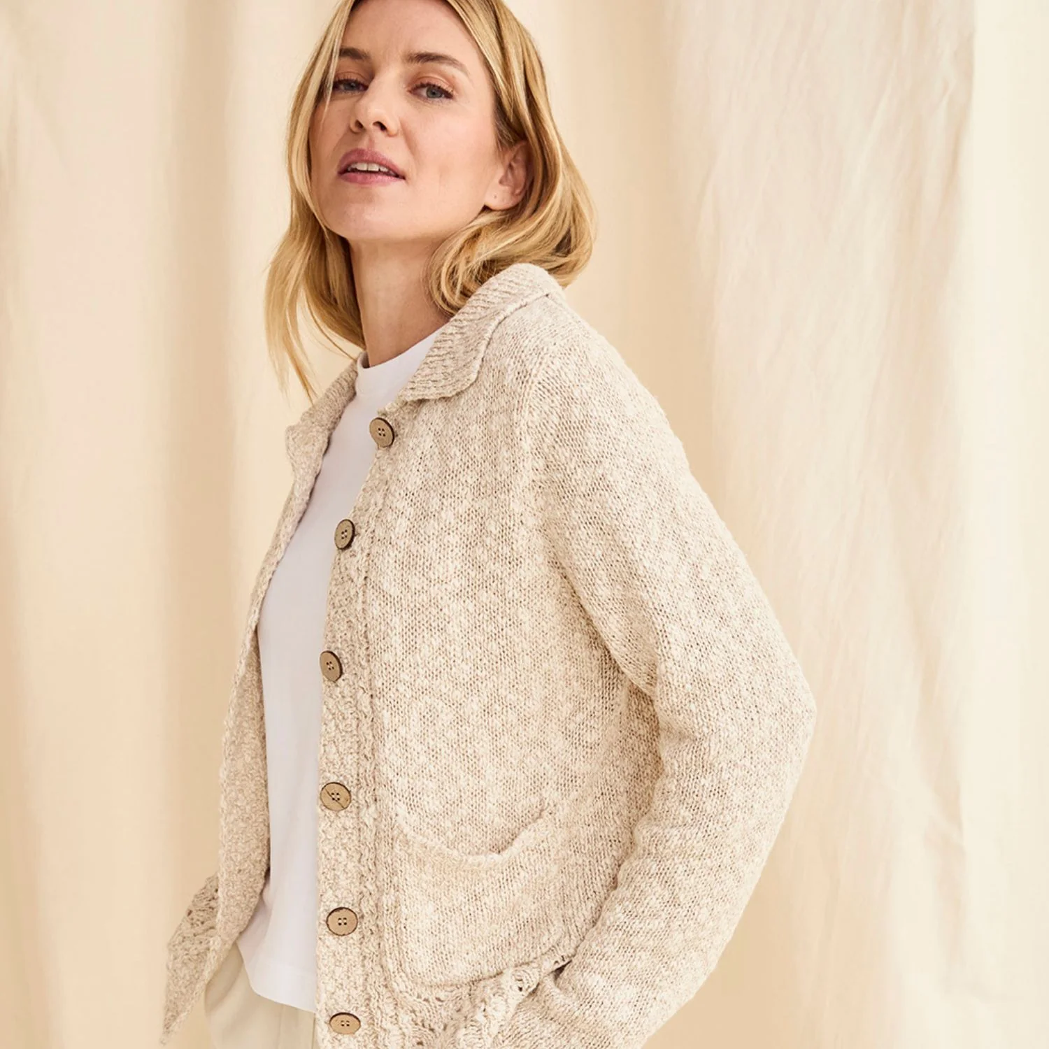 Oatmeal Cotton Linen Blend Collared Cardigan - Image 5