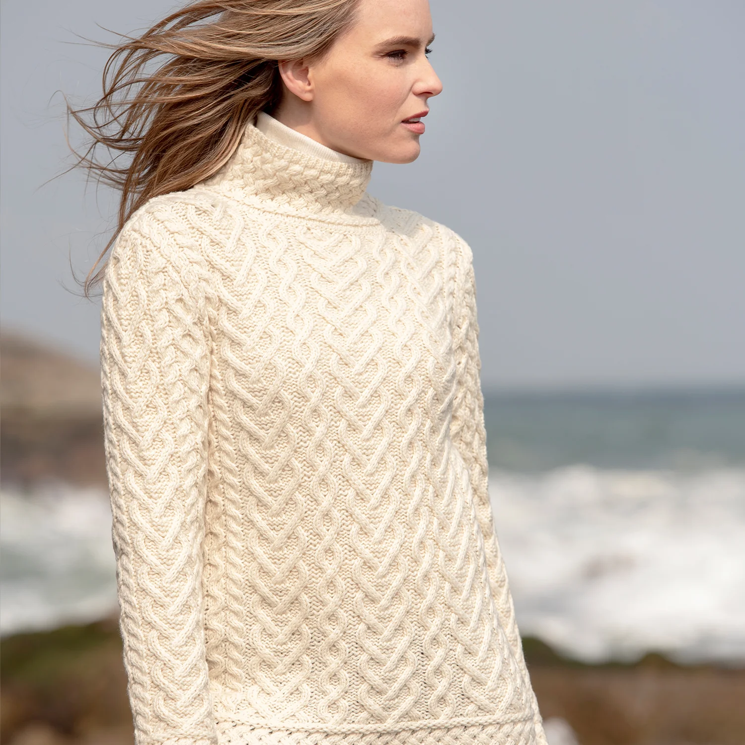 Natural Aran Polo Neck Sweater - Image 4