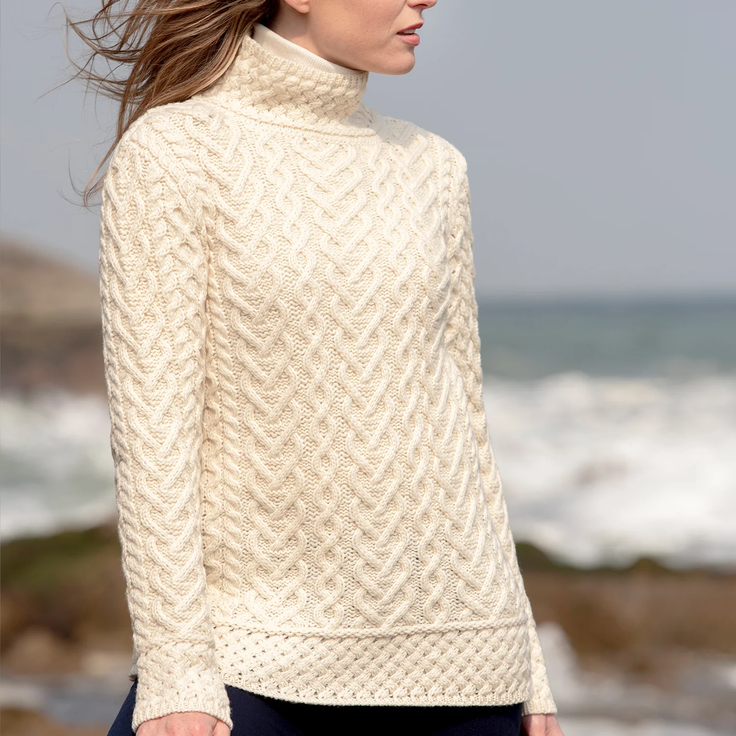 Natural Aran Polo Neck Sweater - Image 5