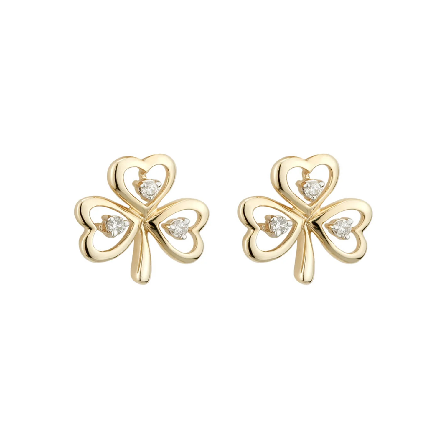 Shamrock Stud Earrings with Diamonds, Yellow Gold
