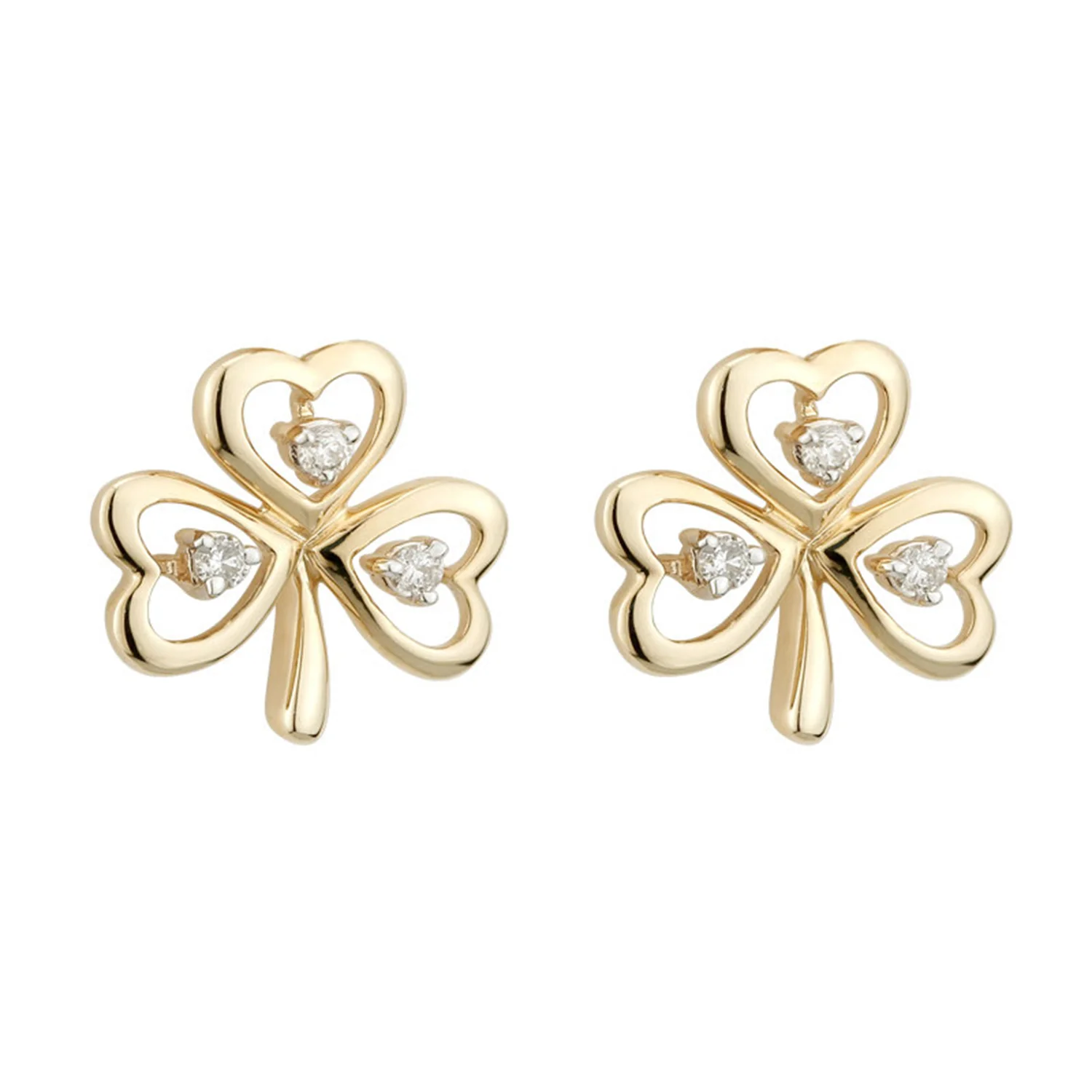 Shamrock Stud Earrings with Diamonds, Yellow Gold - Image 2