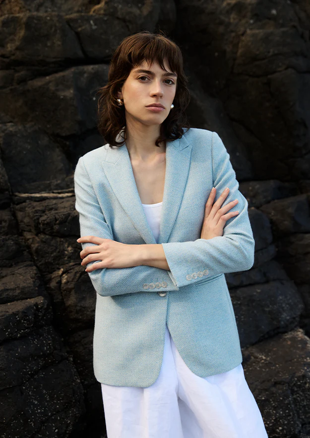 Sky Blue Herringbone Cara Tweed Blazer - Image 3
