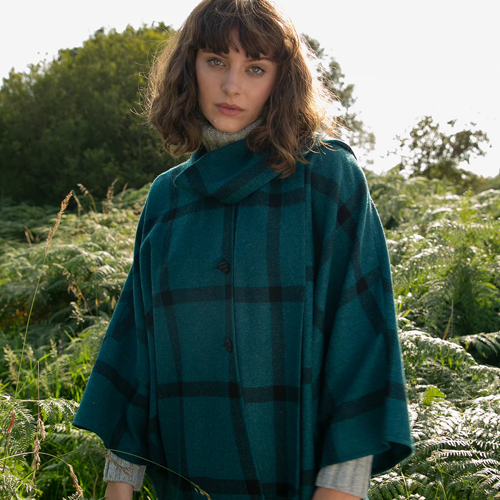 Trisha Cape, Teal & Black Windowpane
