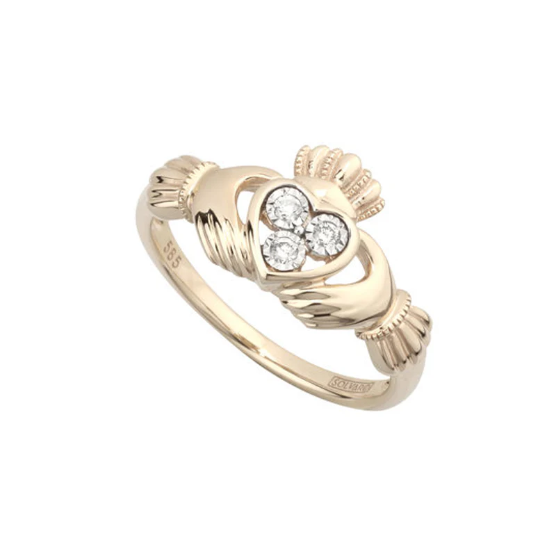 14K Yellow Gold Diamond Claddagh Ring